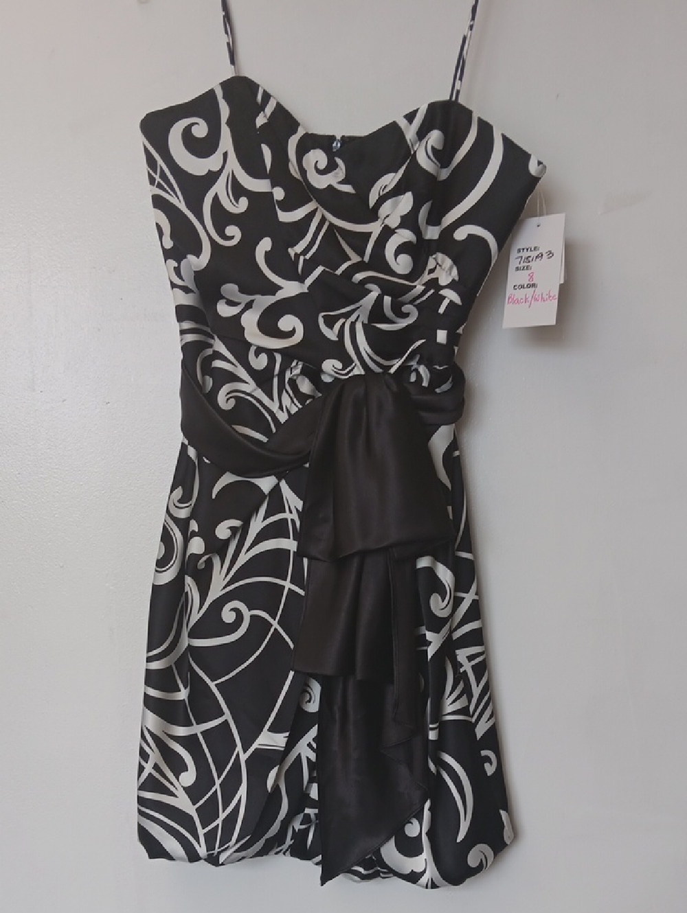 Black & White Printed Spaghetti-Strap Mini Dress with Waist Sash